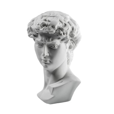 David 'in kafasının alçıtaşı heykeli. Michelangelo 'nun David heykeli beyaz arka planda izole edilmiş. Antik Yunan heykeli, kahraman heykeli.