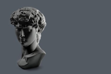 David 'in kafasının alçıtaşı heykeli. Michelangelo 'nun David heykeli alçıdan yapılmış koyu gri arkaplan ve metin için telif alanı var. Antik Yunan heykeli, kahraman heykeli.