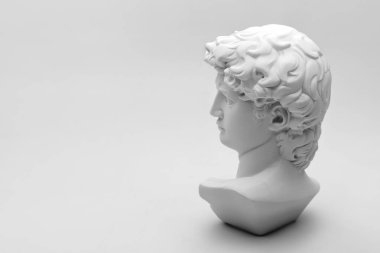 David 'in kafasının alçıtaşı heykeli. Michelangelo 'nun David heykeli alçıdan yapılmış gri arkaplan ve metin için telif alanı var. Antik Yunan heykeli, kahraman heykeli.