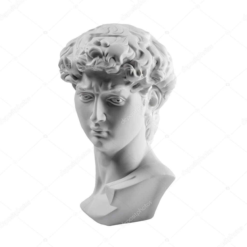 Gypsum statue of David's head. Michelangelo's David statue plaster copy isolated on white background. Ancient greek sculpture, statue of hero.