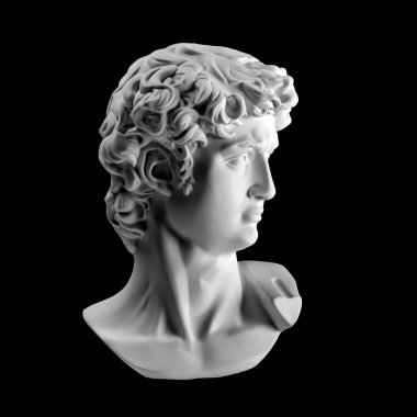 David 'in kafasının alçıtaşı heykeli. Michelangelo 'nun David heykelinin alçı kopyası siyah arka planda izole edilmiş. Antik Yunan heykeli, kahraman heykeli.