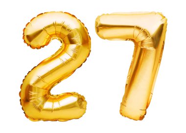 27 numara, beyazın üzerinde izole edilmiş altın şişirilebilir balonlardan yapılmış. Helyum balonları, altın folyo numaraları. Parti dekorasyonu, bayram yıldönümü tabelası, kutlama, doğum günü, karnaval.