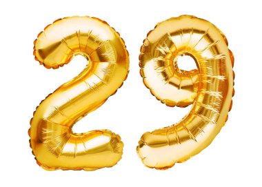 Number 29 twenty nine made of golden inflatable balloons isolated on white. Helium balloons, gold foil numbers. Party decoration, anniversary sign for holidays, celebration, birthday, carnival. clipart
