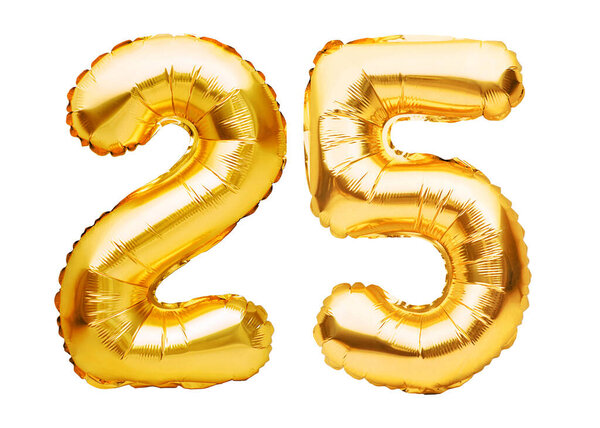 Number 25 twenty five made of golden inflatable balloons isolated on white. Helium balloons, gold foil numbers. Party decoration, anniversary sign for holidays, celebration, birthday, carnival.