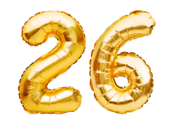 Number 26 twenty six made of golden inflatable balloons isolated on white. Helium balloons, gold foil numbers. Party decoration, anniversary sign for holidays, celebration, birthday, carnival.