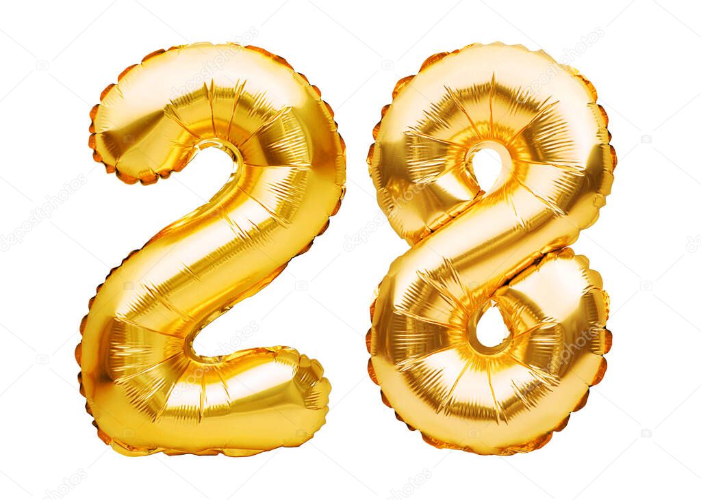 Number 28 twenty eight made of golden inflatable balloons isolated on white. Helium balloons, gold foil numbers. Party decoration, anniversary sign for holidays, celebration, birthday, carnival.