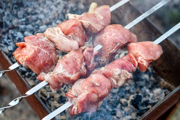 Nyers Húst Grillezünk Kültéri Grillsütőn Hús Grillezés Faszén Grillen Pikniken — Stock Fotó