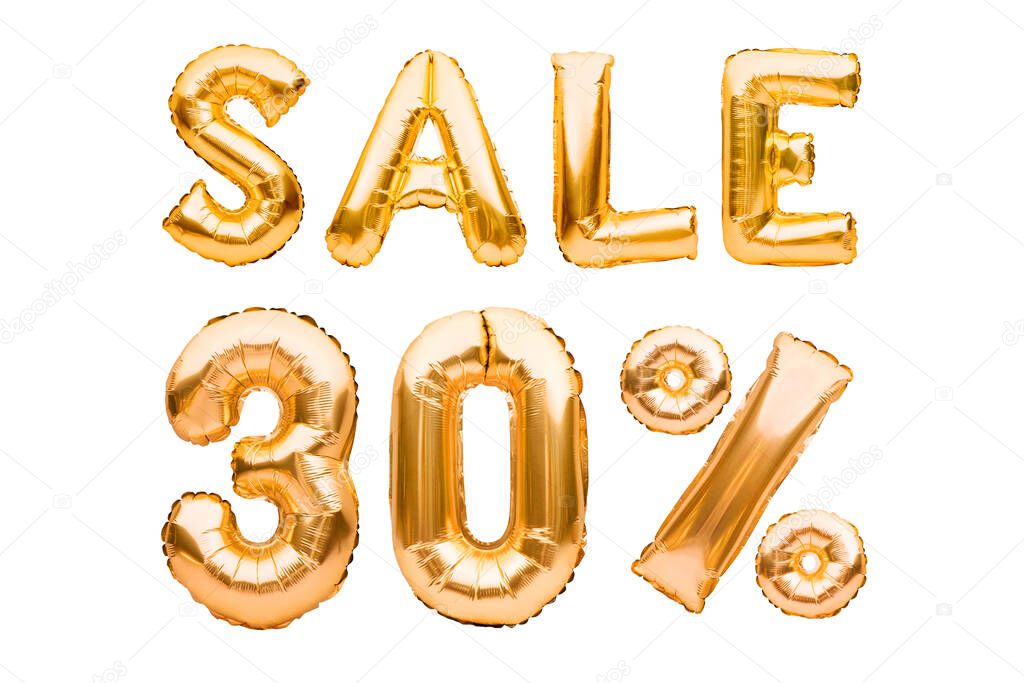 Golden thirty percent sale sign made of inflatable balloons isolated on white. Helium balloons, gold foil numbers. Sale decoration, black friday, discount concept. 30 percent off, advertisement