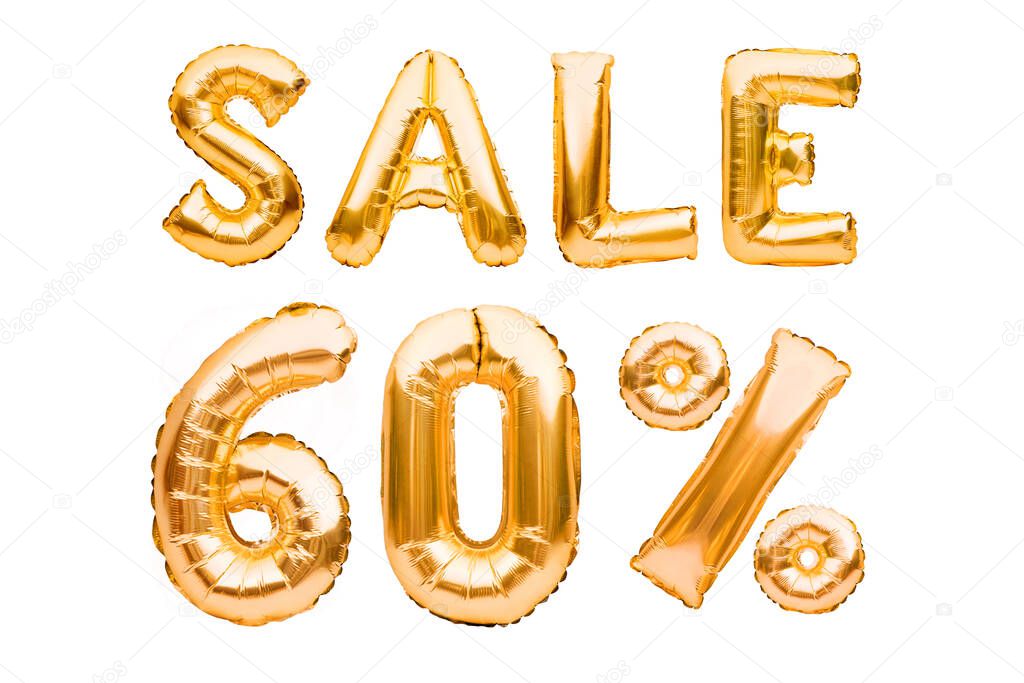 Golden sixty percent sale sign made of inflatable balloons isolated on white. Helium balloons, gold foil numbers. Sale decoration, black friday, discount concept. 60 percent off, advertisement