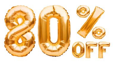 Beyaz üzerinde izole edilmiş şişirilebilir balonlardan yapılmış% 80 'lik satış tabelası. Helyum balonları, altın folyo numaraları. Satış dekorasyonu, Kara Cuma, indirim konsepti. Yüzde 80 indirim, reklam.