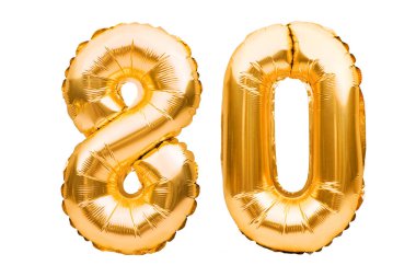 80 numara, beyazın üzerinde izole edilmiş şişme balonlardan yapılmış. Helyum balonları, altın folyo numaraları. Parti dekorasyonu, bayram yıldönümü tabelası, kutlama, doğum günü, karnaval