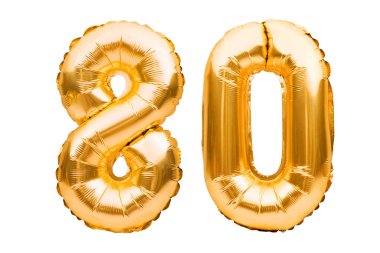 Number 80 eighty made of golden inflatable balloons isolated on white. Helium balloons, gold foil numbers. Party decoration, anniversary sign for holidays, celebration, birthday, carnival clipart