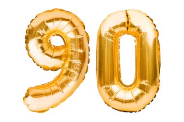 90 numara, beyazda izole edilmiş altın şişirilebilir balonlardan yapılmış. Helyum balonları, altın folyo numaraları. Parti dekorasyonu, bayram yıldönümü tabelası, kutlama, doğum günü, karnaval