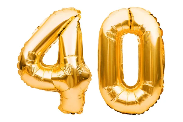 Número 40 cuarenta hecho de globos inflables dorados aislados en blanco. Globos de helio, números de lámina de oro. Decoración de la fiesta, signo de aniversario para las fiestas, celebración, cumpleaños, carnaval — Foto de Stock