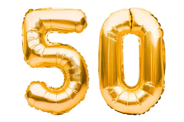 Číslo 50 padesát ze zlatých nafukovacích balónků izolovaných na bílém. Heliové balónky, čísla zlaté fólie. Party dekorace, výroční znamení pro svátky, oslavy, narozeniny, karneval — Stock fotografie