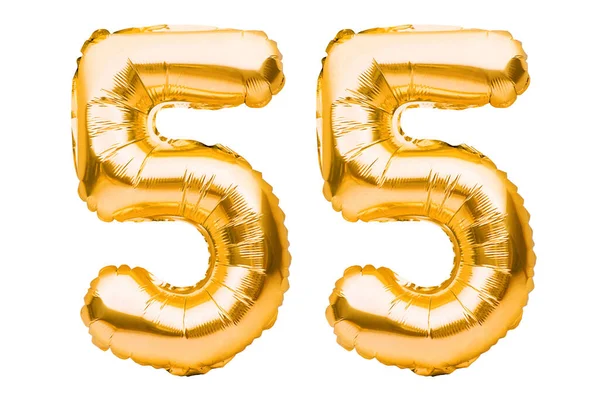 Nummer Femtiofem Tillverkad Gyllene Uppblåsbara Ballonger Isolerade Vitt Heliumballonger Guldfolienummer — Stockfoto