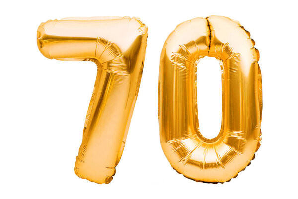 Number 70 seventy made of golden inflatable balloons isolated on white. Helium balloons, gold foil numbers. Party decoration, anniversary sign for holidays, celebration, birthday, carnival