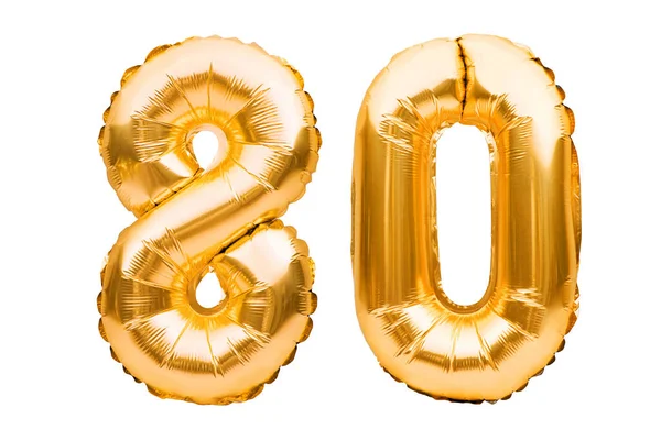 Numero 80 ottanta realizzato in palloncini gonfiabili dorati isolati su bianco. Palloncini di elio, numeri di fogli d'oro. Decorazione del partito, segno di anniversario per le vacanze, celebrazione, compleanno, carnevale — Foto Stock