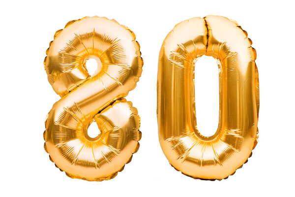 Number 80 eighty made of golden inflatable balloons isolated on white. Helium balloons, gold foil numbers. Party decoration, anniversary sign for holidays, celebration, birthday, carnival