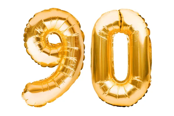 Número 90 noventa feito de balões infláveis dourados isolados em branco. Balões de hélio, números de folha de ouro. Decoração de festa, sinal de aniversário para feriados, celebração, aniversário, carnaval — Fotografia de Stock