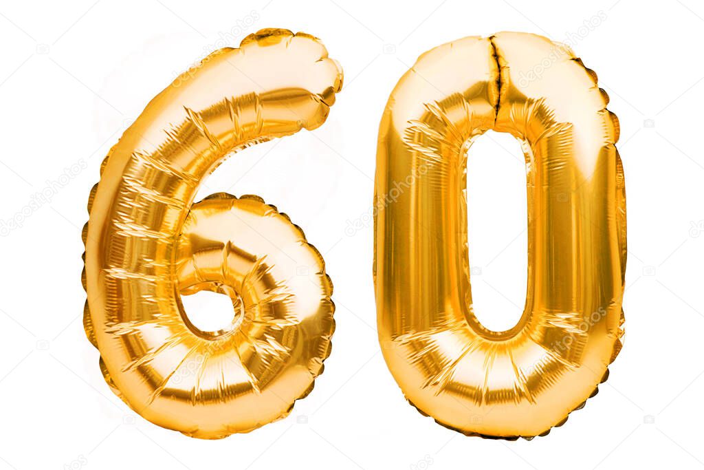 Number 60 sixty made of golden inflatable balloons isolated on white. Helium balloons, gold foil numbers. Party decoration, anniversary sign for holidays, celebration, birthday, carnival