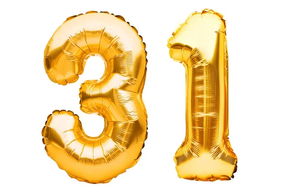 31 numara. Beyaz üzerinde izole edilmiş altın şişme balonlardan yapılmış 31 numara. Helyum balonları, altın folyo numaraları. Parti dekorasyonu, bayram yıldönümü tabelası, kutlama, doğum günü, karnaval