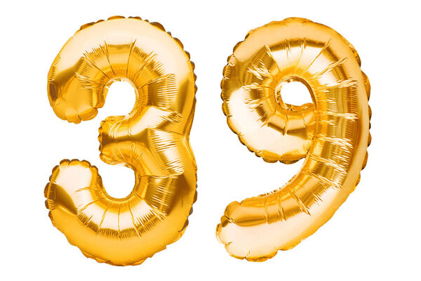 Number 39 thirty nine made of golden inflatable balloons isolated on white. Helium balloons, gold foil numbers. Party decoration, anniversary sign for holidays, celebration, birthday, carnival