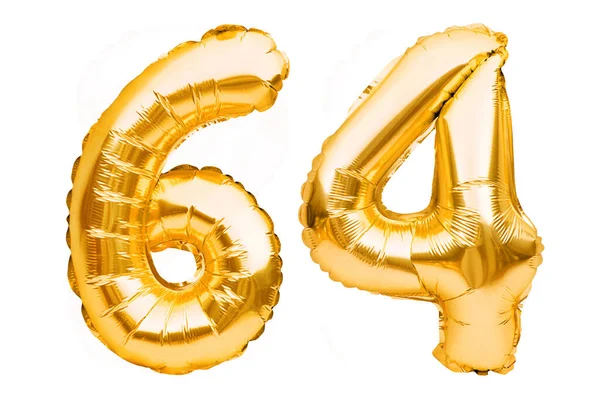 Número 64 sesenta y cuatro de globos inflables dorados aislados en blanco. Globos de helio, números de lámina de oro. Decoración de la fiesta, signo de aniversario para las fiestas, celebración, cumpleaños, carnaval — Foto de Stock
