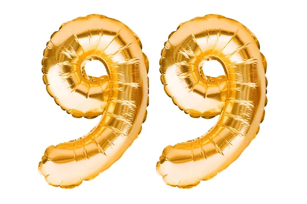 Número 99 noventa y nueve de globos inflables dorados aislados en blanco. Globos de helio, números de lámina de oro. Decoración de la fiesta, signo de aniversario para las fiestas, celebración, cumpleaños, carnaval —  Fotos de Stock