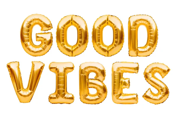 Golden words GOOD VIBES made of inflatable balloons isolated on white background. Gold foil balloon letters. Good Vibes retro slogan, famous quote, vacation concept — Stock Photo, Image