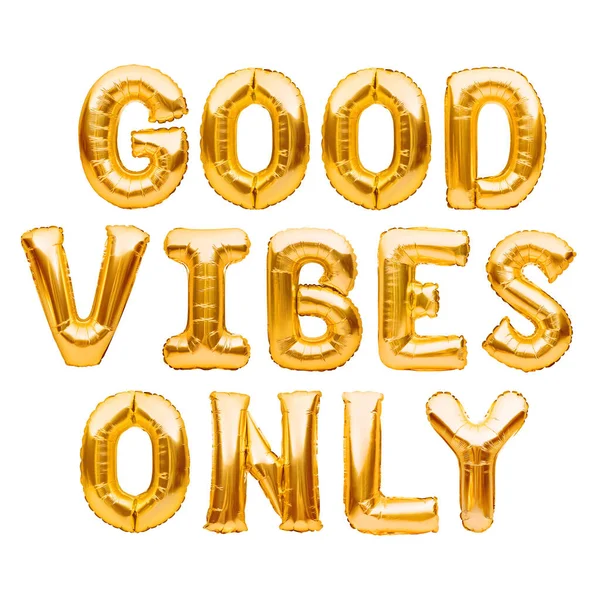 Golden words GOOD VIBES ONLY made of inflatable balloons isolated on white background. Gold foil balloon letters. Good Vibes retro slogan, famous quote, vacation concept — Stock Photo, Image