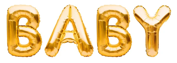 Word Baby Gjord Gyllene Uppblåsbara Ballonger Isolerade Vit Bakgrund Heliumfolieballonger — Stockfoto