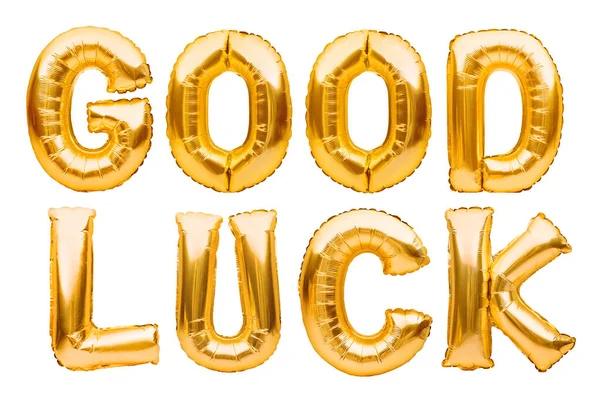 Words Good Luck Made Golden Inflatable Balloons Isolated White Background — Stock Photo, Image