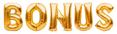 BONUS 'un beyaz arka planda izole edilmiş şişme balonlardan yaptığı altın kelime. Piyango ve ödüller, yarışma. Sosyal medya pazarlama ve reklam kavramı. Altın folyo balon harfleri