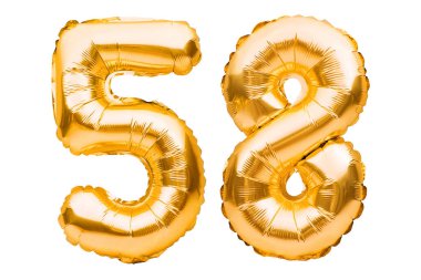 58 numara, beyaz üzerinde izole edilmiş altın şişirilebilir balonlardan yapılmış. Helyum balonları, altın folyo numaraları. Parti dekorasyonu, bayram yıldönümü tabelası, kutlama, doğum günü, karnaval.