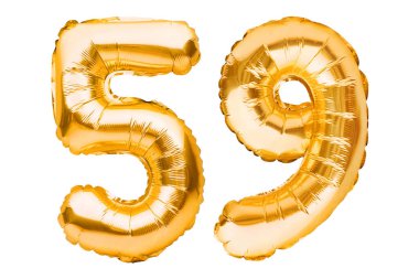 59 numara, beyaz üzerinde izole edilmiş altın şişirilebilir balonlardan yapılmış 59 numara. Helyum balonları, altın folyo numaraları. Parti dekorasyonu, bayram yıldönümü tabelası, kutlama, doğum günü, karnaval.