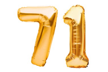 771 numara, beyazın üzerinde izole edilmiş altın şişirilebilir balonlardan yapılmış. Helyum balonları, altın folyo numaraları. Parti dekorasyonu, bayram yıldönümü tabelası, kutlama, doğum günü, karnaval.
