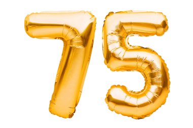 Number 75 seventy five made of golden inflatable balloons isolated on white. Helium balloons, gold foil numbers. Party decoration, anniversary sign for holidays, celebration, birthday, carnival. clipart