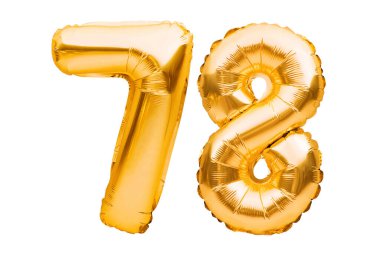 78 numara, beyazın üzerinde izole edilmiş, altın şişirilebilir balonlardan yapılmış. Helyum balonları, altın folyo numaraları. Parti dekorasyonu, bayram yıldönümü tabelası, kutlama, doğum günü, karnaval.