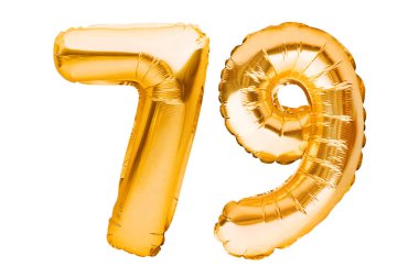 79 numara, beyazda izole edilmiş altın şişirilebilir balonlardan yapılmış 79 numara. Helyum balonları, altın folyo numaraları. Parti dekorasyonu, bayram yıldönümü tabelası, kutlama, doğum günü, karnaval.