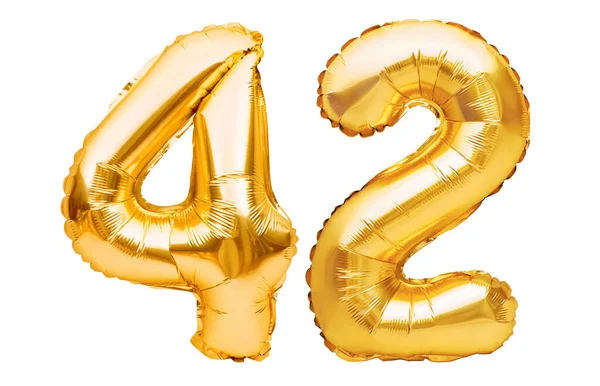 Číslo Čtyřicet Dva Zlatých Nafukovacích Balónků Izolovaných Bílém Heliové Balónky — Stock fotografie