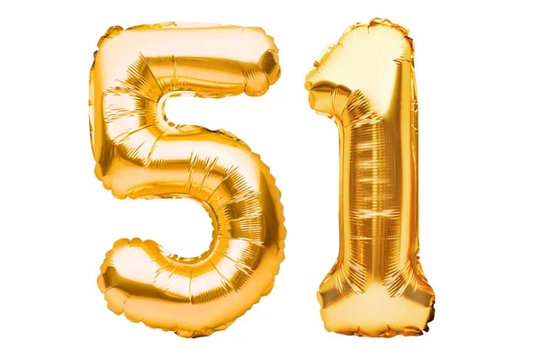 Číslo Padesát Jedna Zlatých Nafukovacích Balónků Izolovaných Bílém Heliové Balónky — Stock fotografie