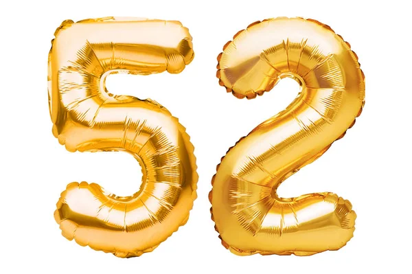 Nummer Zweiundfünfzig Aus Goldenen Aufblasbaren Luftballons Isoliert Auf Weiß Heliumballons — Stockfoto