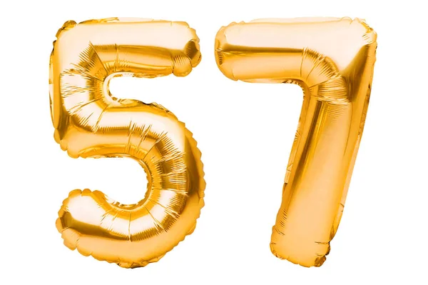Nummer Femtiosju Gjord Gyllene Uppblåsbara Ballonger Isolerade Vitt Heliumballonger Guldfolienummer — Stockfoto
