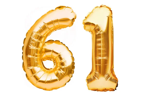 Number Sixty One Made Golden Inflatable Balloons Isolated White Helium — Stock Photo, Image