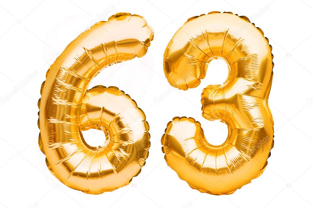 Number 63 sixty three made of golden inflatable balloons isolated on white. Helium balloons, gold foil numbers. Party decoration, anniversary sign for holidays, celebration, birthday, carnival.