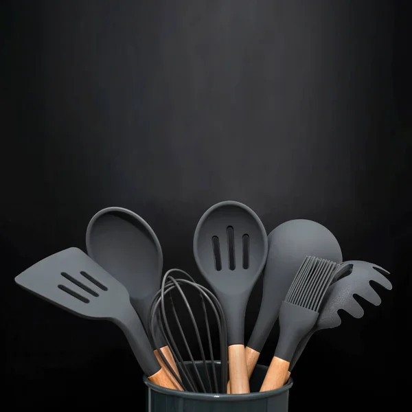 Kitchen Utensils Background Copyspace Home Kitchen Decor Concept Black Kitchen — Stock Photo, Image