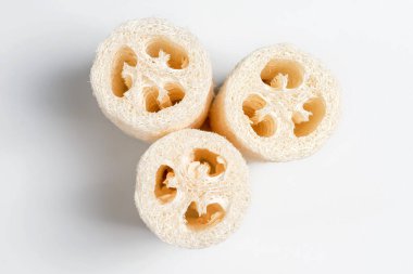 Luffa Lif. Hafif arka planda Luffa bitkisinden çıkarılan sebze süngeri. Çevre dostu lifler, sıfır atık. Sürdürülebilir banyo ve yaşam tarzı, plastiksiz ve çevre dostu konsept.