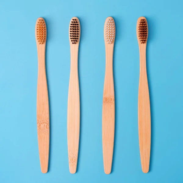 Bamboo Toothbrushes Blue Background Eco Friendly Daily Oral Hygiene Teeth — Stock Photo, Image