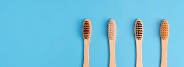 Bamboo Toothbrushes Blue Background Eco Friendly Daily Oral Hygiene Teeth — Stock Photo, Image